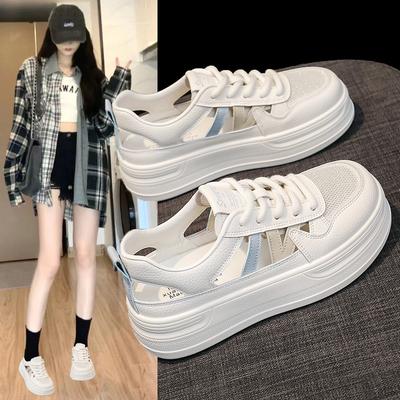 Summer Mesh Breathable Genuine Leather White Sneakers Women's Shoes Thick-soled Board Shoes Perforated Shoes Sports Sandals