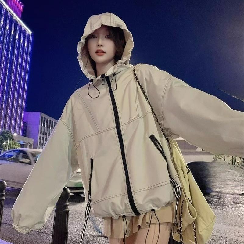 

Куртка Короткая куртка Женская Весна и Осень Большой размер С капюшоном Ветровка Куртка Все-сочетающийся Топ Инс M бежевый