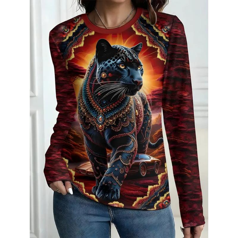 Modisches Damen Rundhals Langarm 3D Lässiges Farbdruck Lässiges Langarm Rundhals T-Shirt