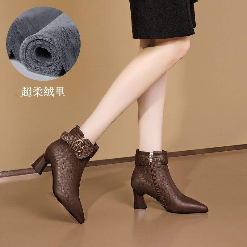 Krótkie buty damskie na grubym obcasie, szpiczaste, jesienno-zimowe, nowe, modne buty na wysokim obcasie, welurowe, stylowe buty damskie