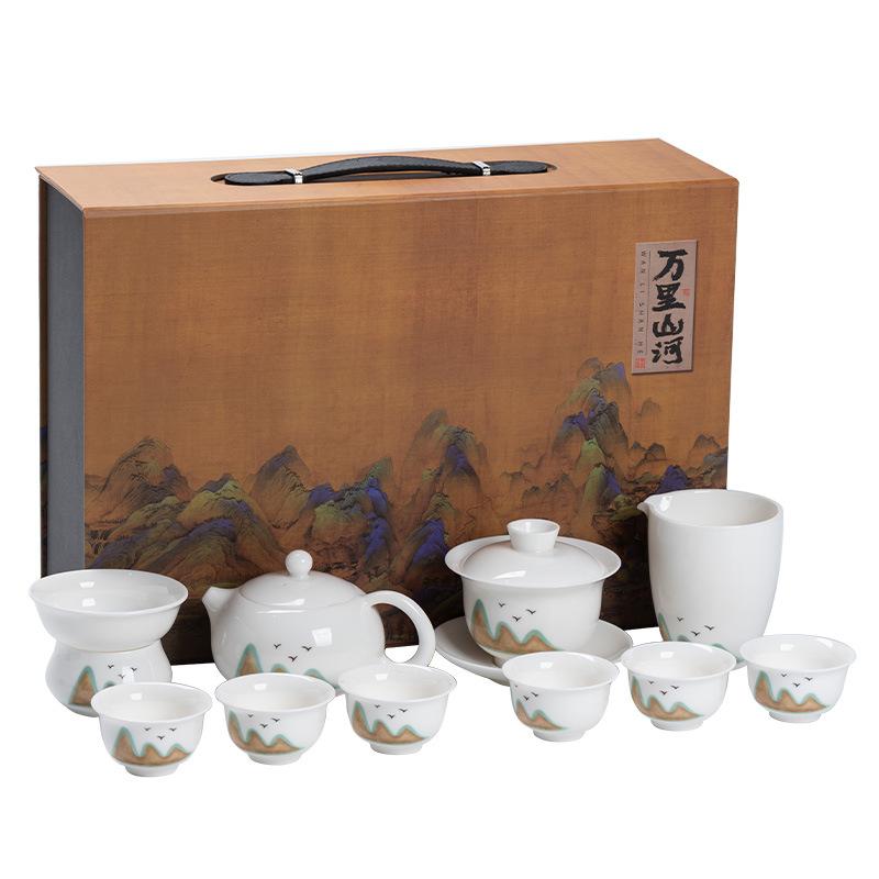 Suet jade porcelain kung fu tea set cover bowl teacup teapot business gift 11-piece set for leading teacher father
