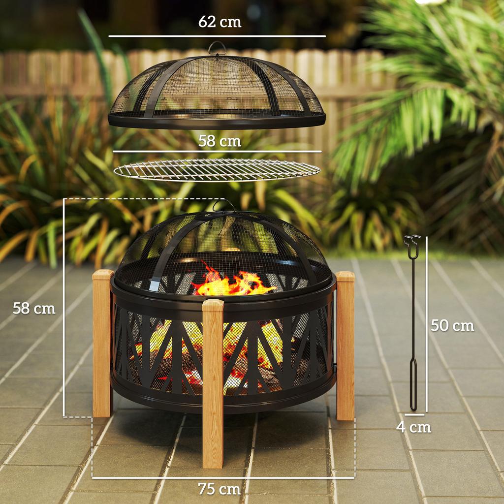 2-in-1 Fire Bowl Diameter 75 X 58 Cm Fire Pit with Spark Guard Poker Grill Grate Black