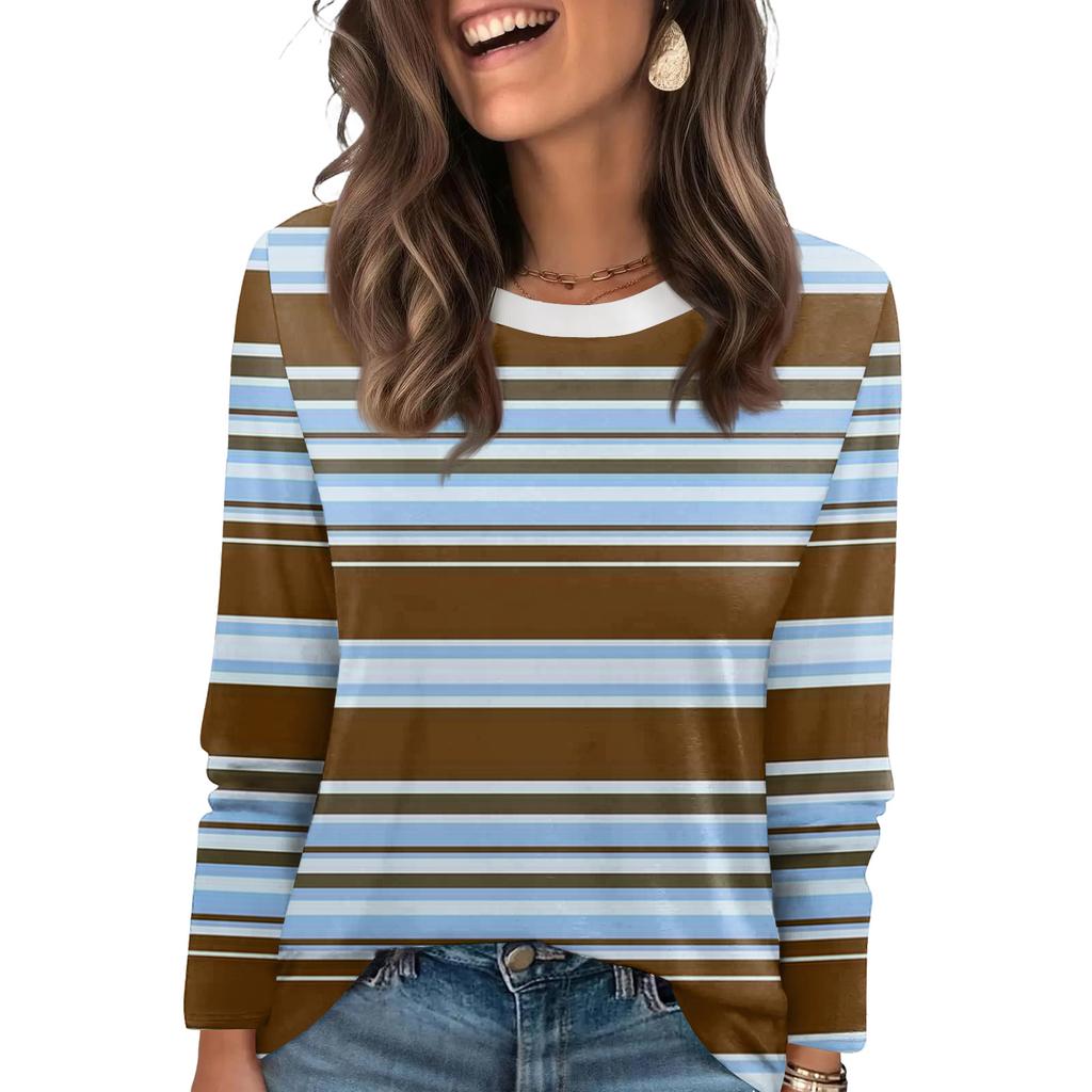 Damtopp med randigt tryck, moderiktig, avslappnad, rund halsringning, långa ärmar