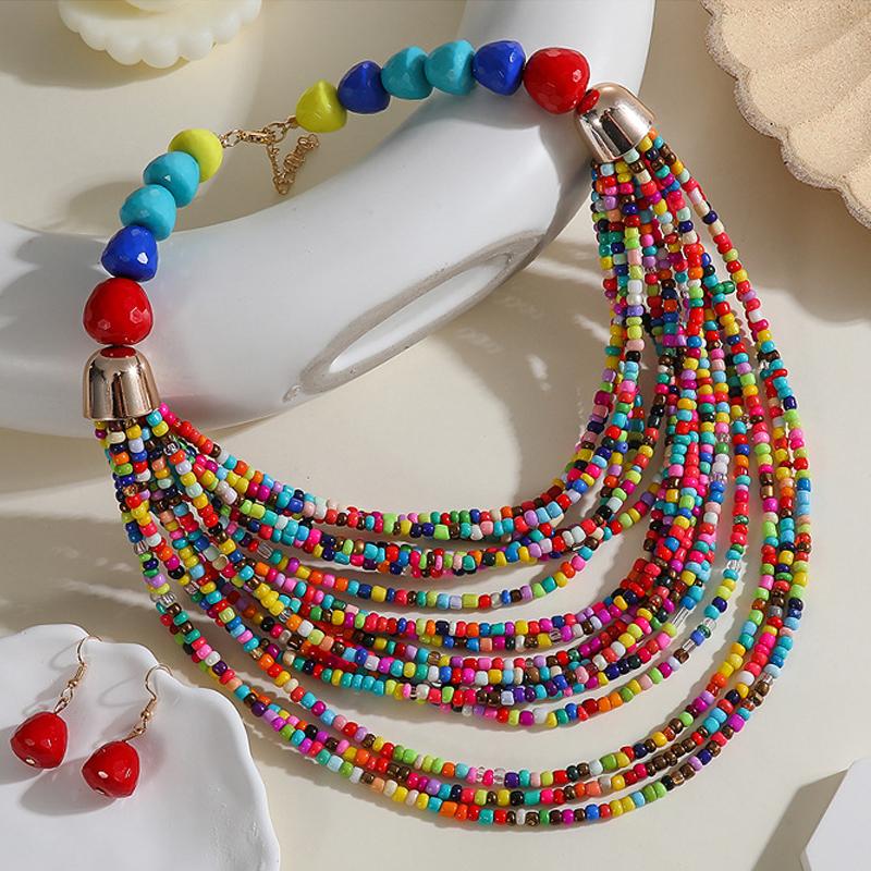 

Комплект украшений ручной работы из рисовых бусин в стиле бохо-отпуска для женщин, многослойное ожерелье, серьги, аксессуары разноцветный