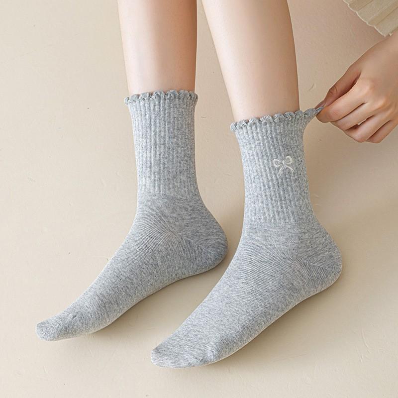 Polka Dot Bow Socks Pure Cotton Medium Tube Socks Season Lace Cotton Deodorant Stacking Socks Women