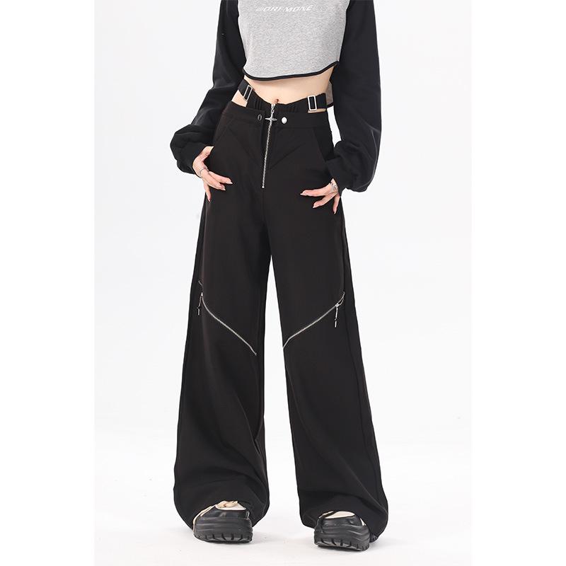 Black Overalls Women Summer Ladies Pants Pockets Elastic Casual Pants Women's Pants  Waist Street Loose Straight Casual Wide Leg Long Pants