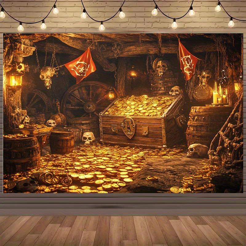 1 Pirate Treasure Chest Adventure Background Cloth, Including Gold Coins, Skulls and Wooden Barrels - Polyester, Holiday Event