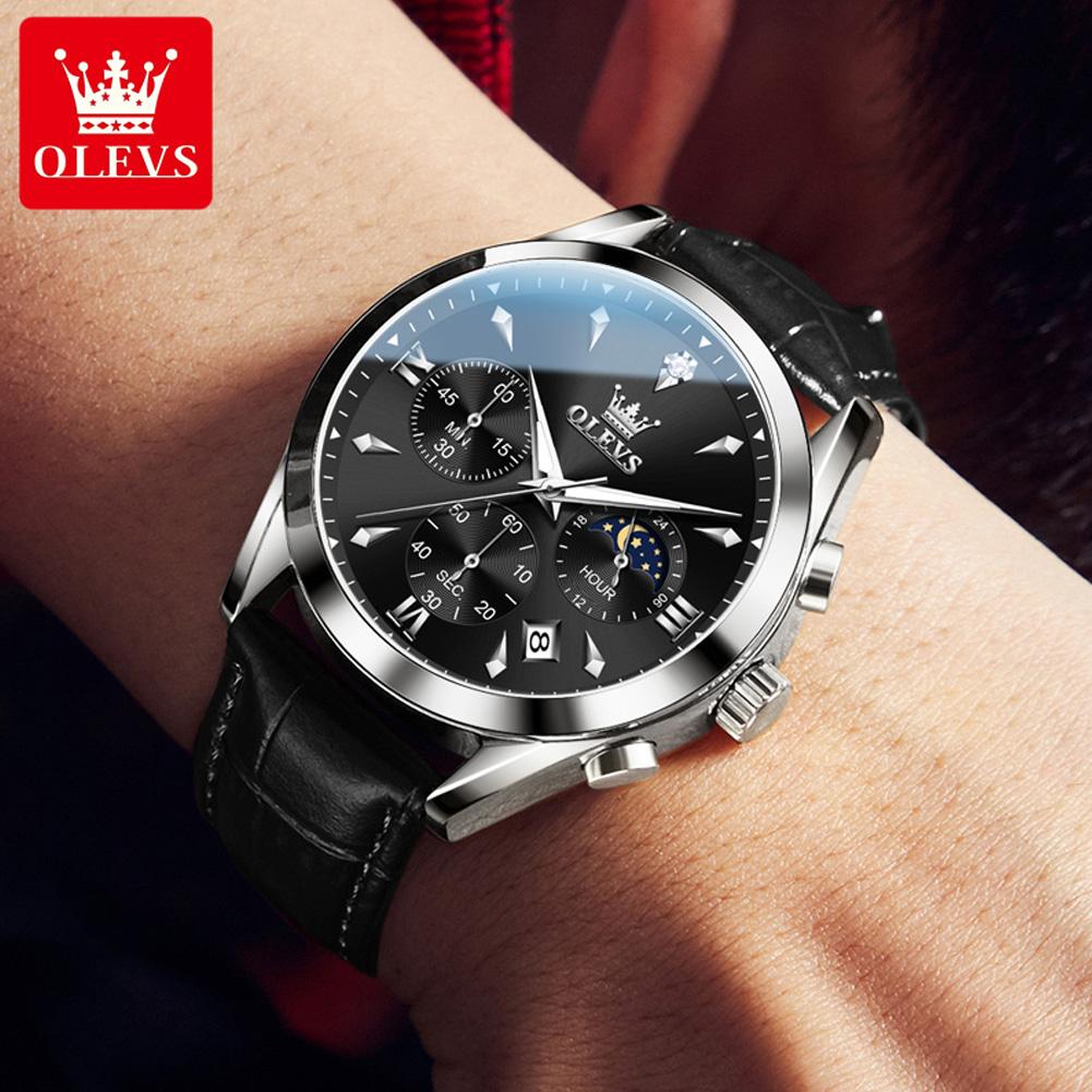 OLEVS Moon Phase Chronograph Man Watch Leather Strap Waterproof Luminous Luxury Brand Original Quartz Wrist Watches for Men 3609