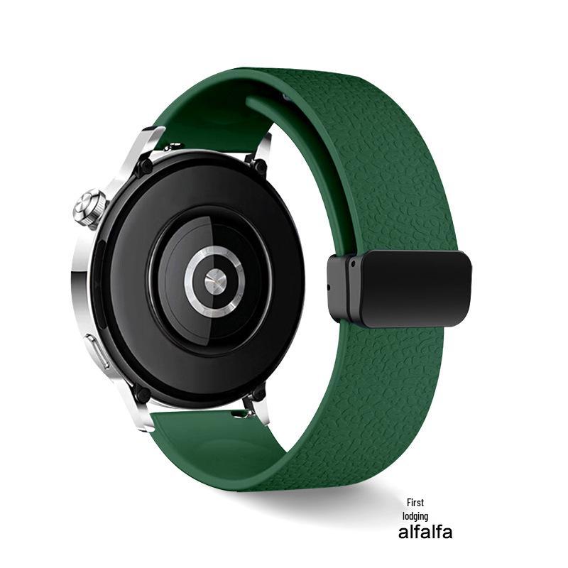 Magnetic Silicone Folding Buckle Watch Strap for Huawei GT5, Samsung 22/18mm with Lychee Pattern.