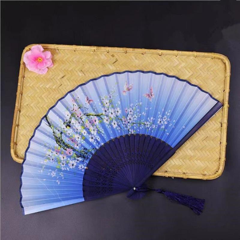 Chinese Japanese Flower Print Folding Silk Bamboo Fan Ornament Art Craft Gift Wedding Dance Performance Hand Fan