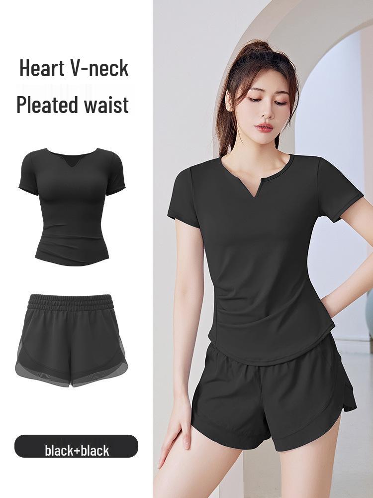 Quick-Dry Summer V-Neck Yoga Set: Short Sleeve Top & Mesh Shorts