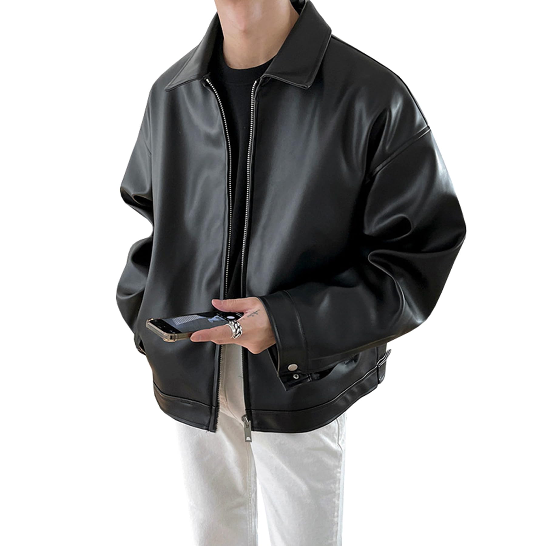 REEMONDE Leather Biker Stadium Faux Leather Street American Solid Faux Leather Plus Sizes Men s Jacket, Jacket, Blouson, Jacket, Jumper, Style, чёрный