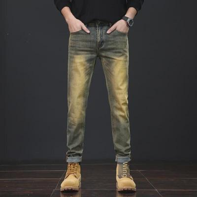 Men's Retro Yellow Slim-Fit Jeans - High-End, Elastic, Skinny Style for Spring and Autumn.