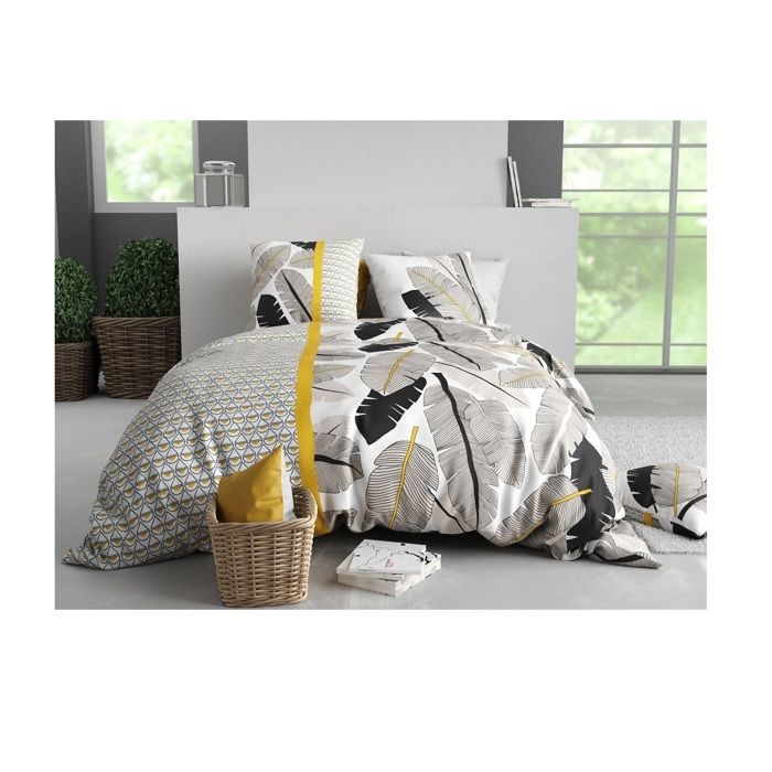 Parure De Lit - Housse Couette + 2 Taies - 260 X 240 Cm - Motif Plumes - 100% Coton Doux