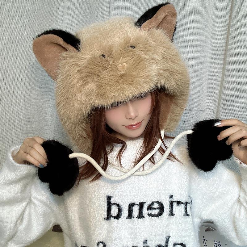 Luochi Knitting Japanese-Style Blush Cat Ear Plush Winter Hat - Women s Warm Ear Protection Knit Hat темные хаки