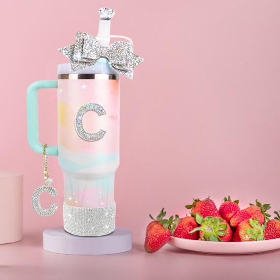 5Pcs Rhinestone Straw Cover Set for Water Bottles Silicone Boot Sticker Letter Charms