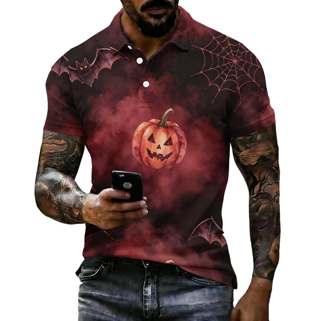Men's Halloween Printed Short Sleeve Polo Shirt Loose Casual Summer Daily Wear Button Down Collar Top