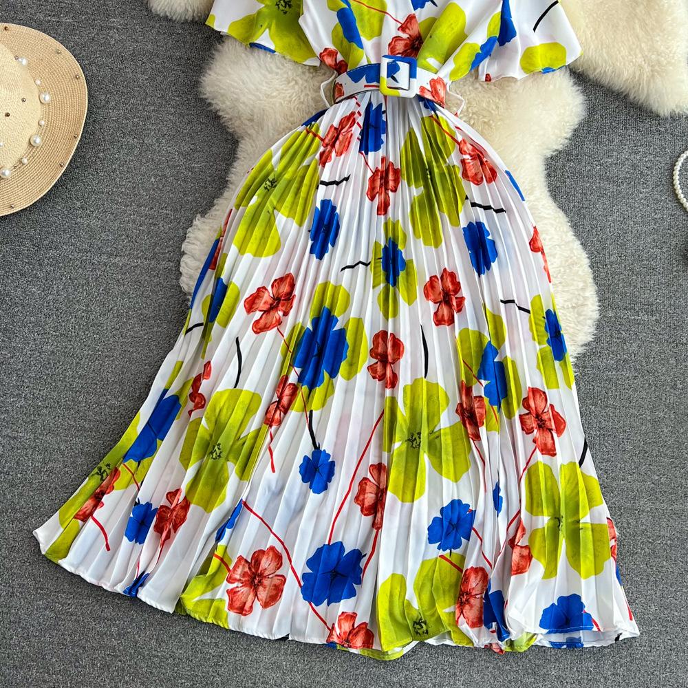 Summer Women's Light Mature Style Retro Temperament Short-sleeved V-neck Waist Thin Medium-length A-print Pleated Dress