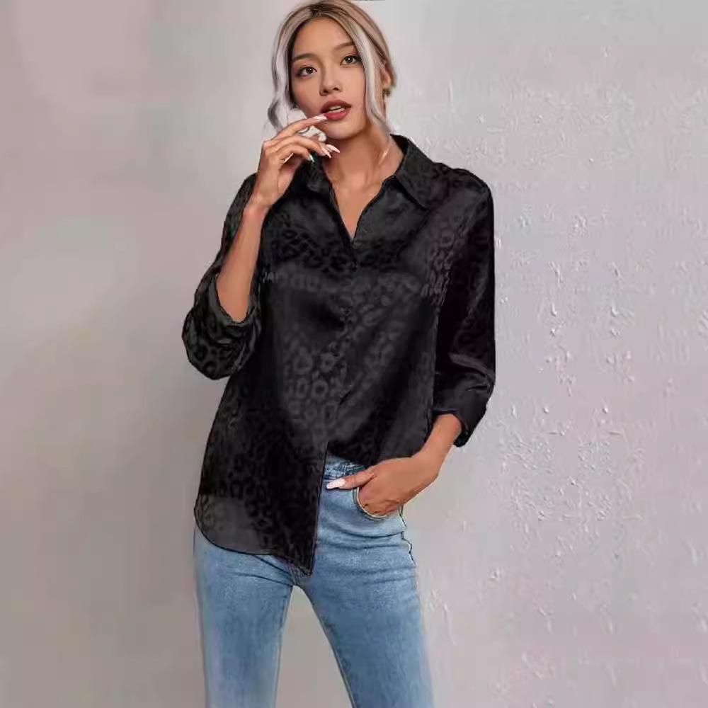 2024 Autumn Women's Elegant Satin Leopard Print Lapel Shirt