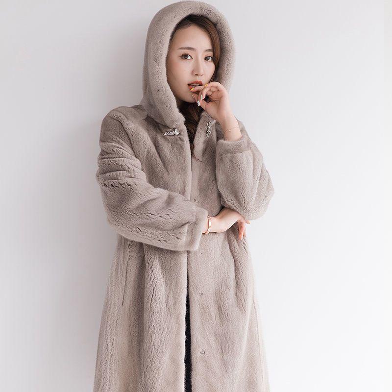 New Imitation Whole Mink Fur Women's Long Imitation Mink Fur Coat Women's Velvet Coat with Hat