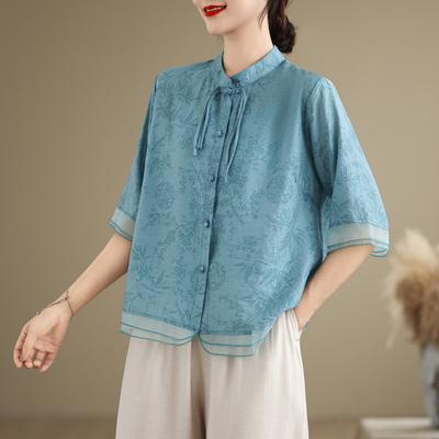 Summer Literary Plus Size Loose Stand Up Collar Short Sleeved Shirt Women's Shirt Top Blouses & Shirts