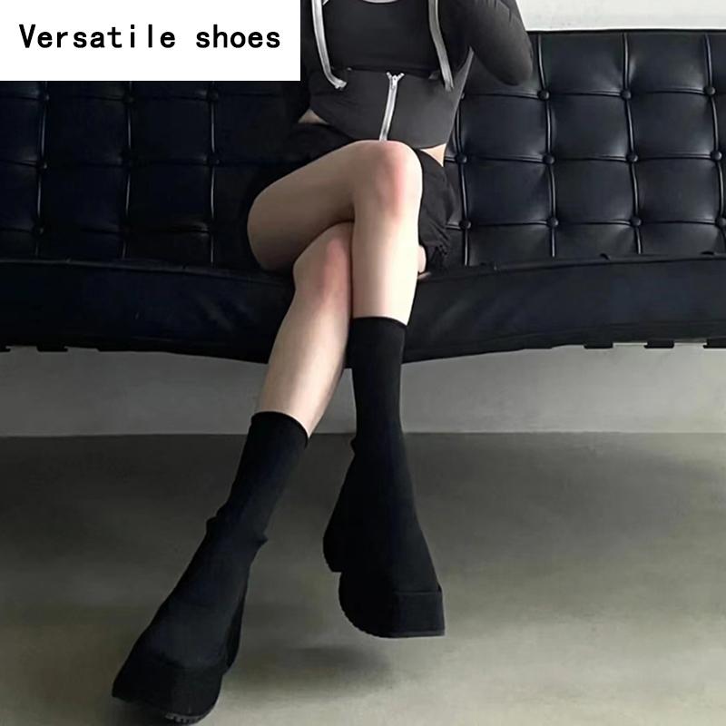 Punk Style Platform Women Ankle Boots Fashion Stretch Slim Shoes Autumn Winter Thick Heel Ladies Elegant Short Booties