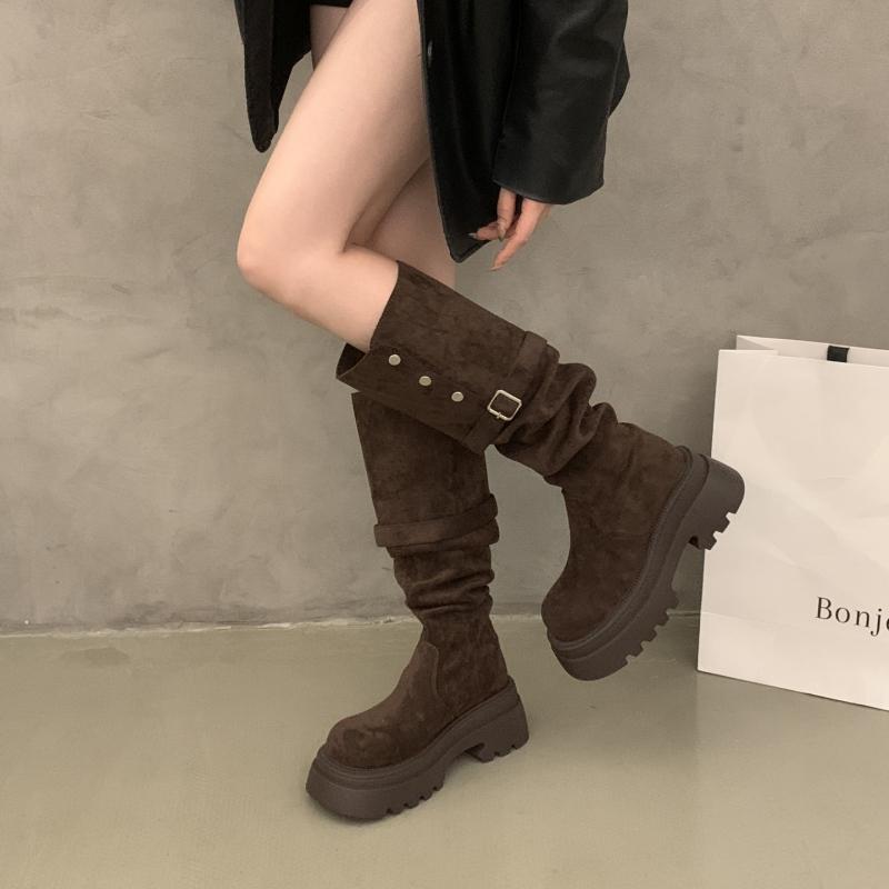 Design Belt Buckle Pleated Women Knee High Boots Fashion Thick Heels Party Dress Shoes Autumn Winter Ladies Slim Long Booties