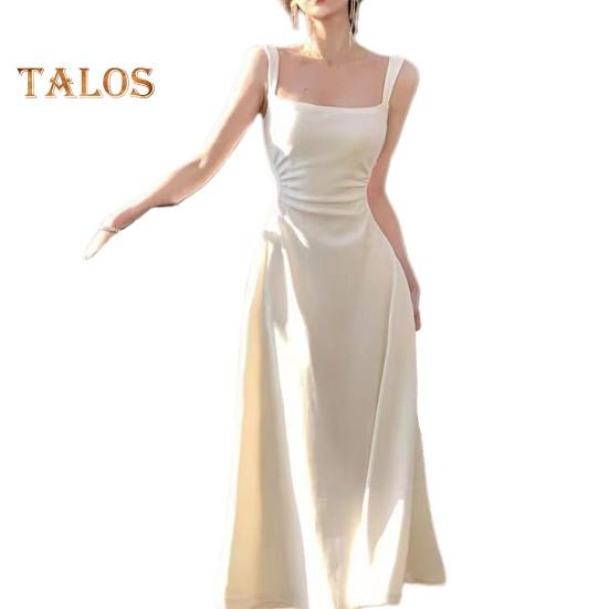 

Вечернее женское платье с низким вырезом и квадратным вырезом, без рукавов, с высокой узкой талией, трапециевидной формы, плиссированное, сплошной цвет, во французском стиле, до щиколотки, для выпускного банкета, макси S белый