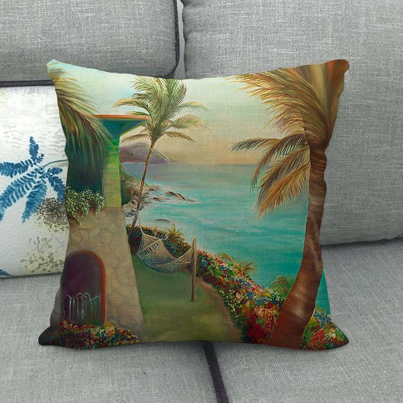 Cartoon Seaside Vacation Digital Printing Short Plush Pillow Covers Decorative For Car Sofa Office Cushion Cover Home Goods