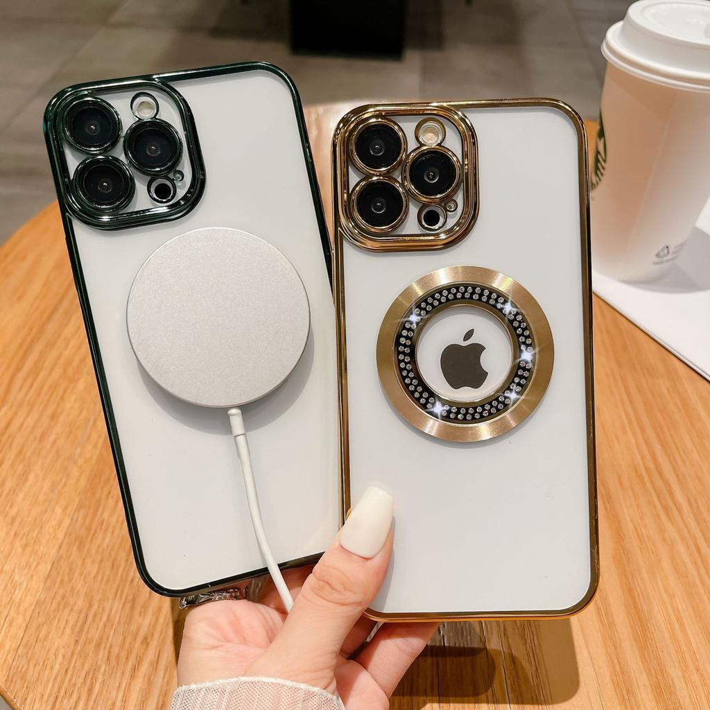 Applicable To IPhone17proMax Inlaid with Diamonds and Leakage Mark Magnetic Suction Phone Case Apple 16 Electroplated Anti Fall Protection Case 15