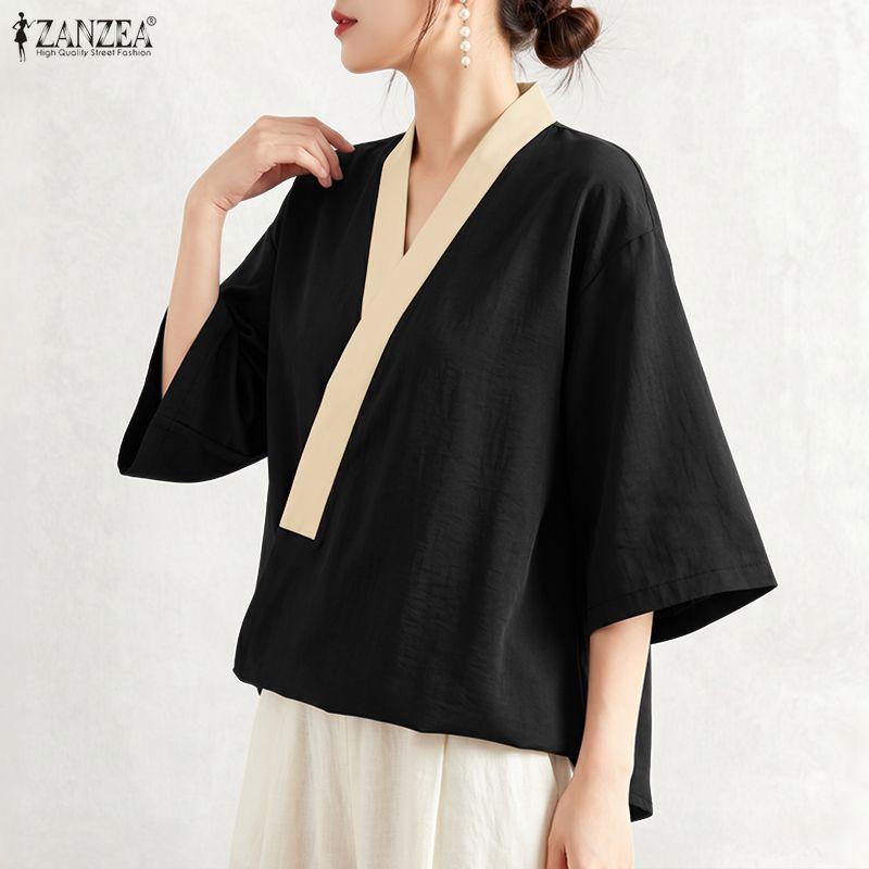 ZANZEA Blusa Kimono Casual da Donna con Scollo a V e Maniche a 3/4 Ampia