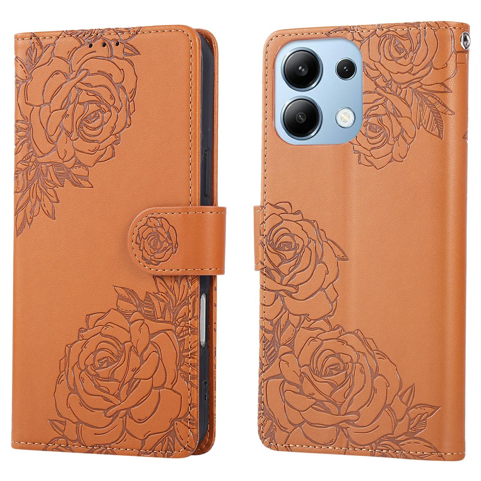 

For Xiaomi Redmi Note 13 4G Case Rose Flower PU Leather Wallet Phone Cover with 3 Card Slots Brown