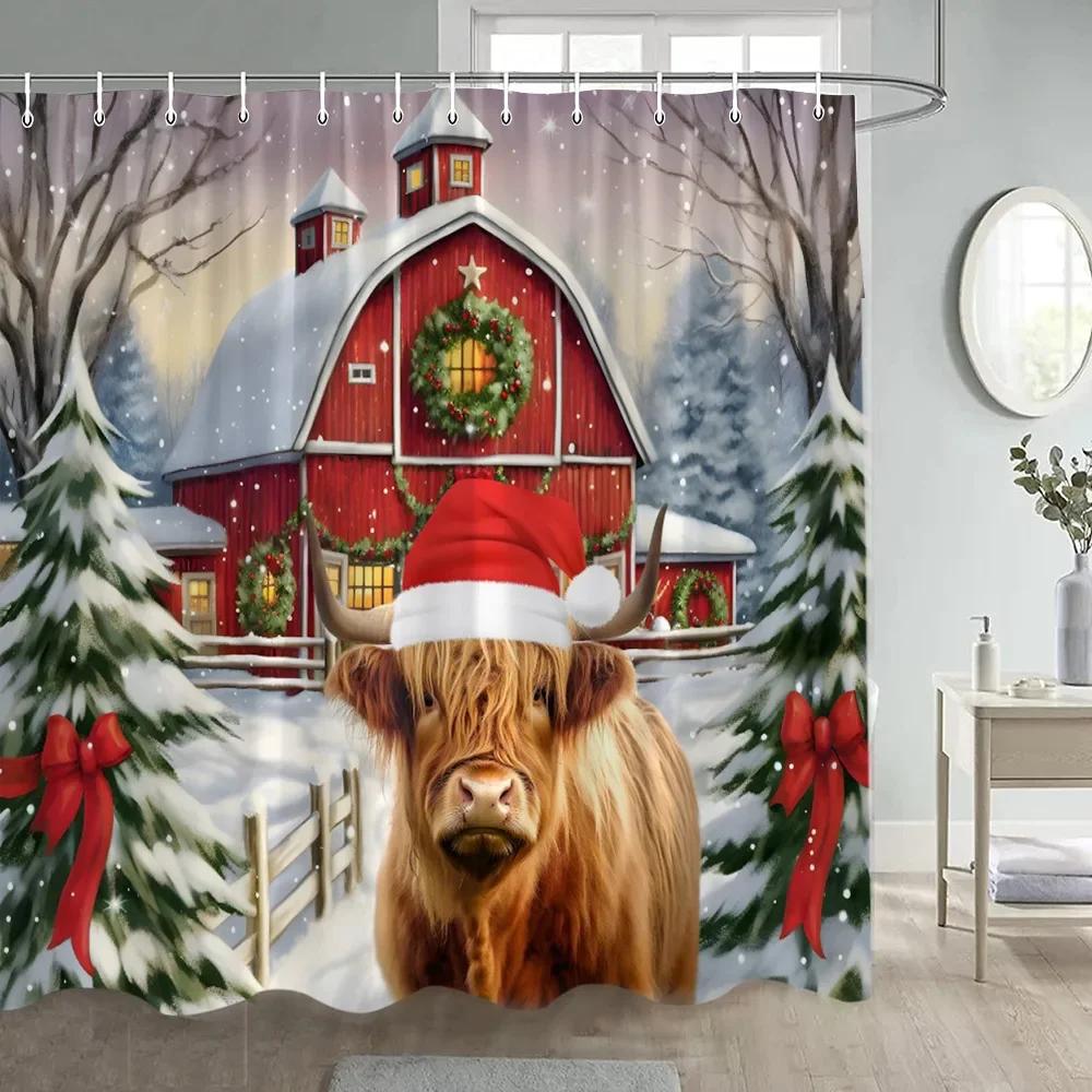 Funny Flamingo Christmas Shower Curtain Winter Forest Cedar Snowflake Nature Snow Scene New Year Xmas Bathroom Decor With Hooks