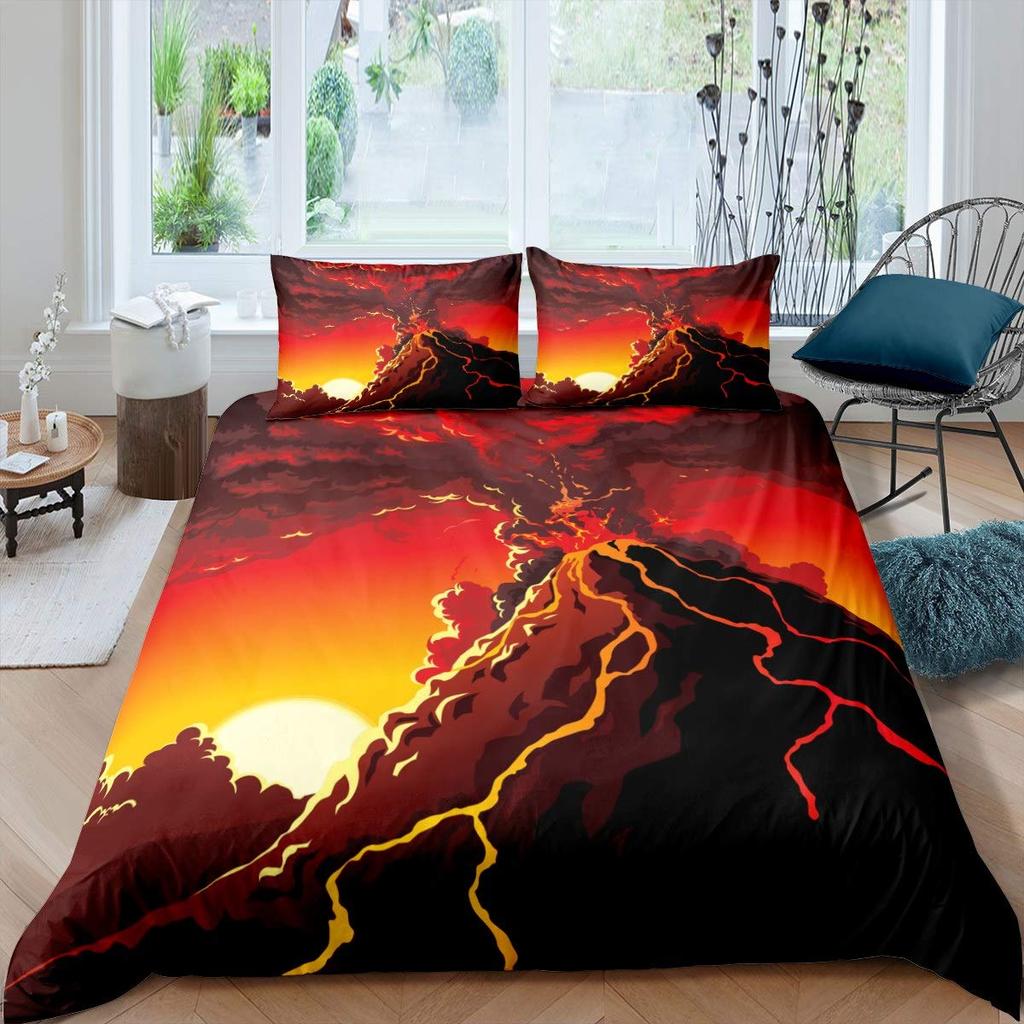 Volcano Duvet Cover Set Volcanic Eruption Pattern Bedding Set Fire Mountain Comforter Cover Boys Girls Women Men Bedroom Decor