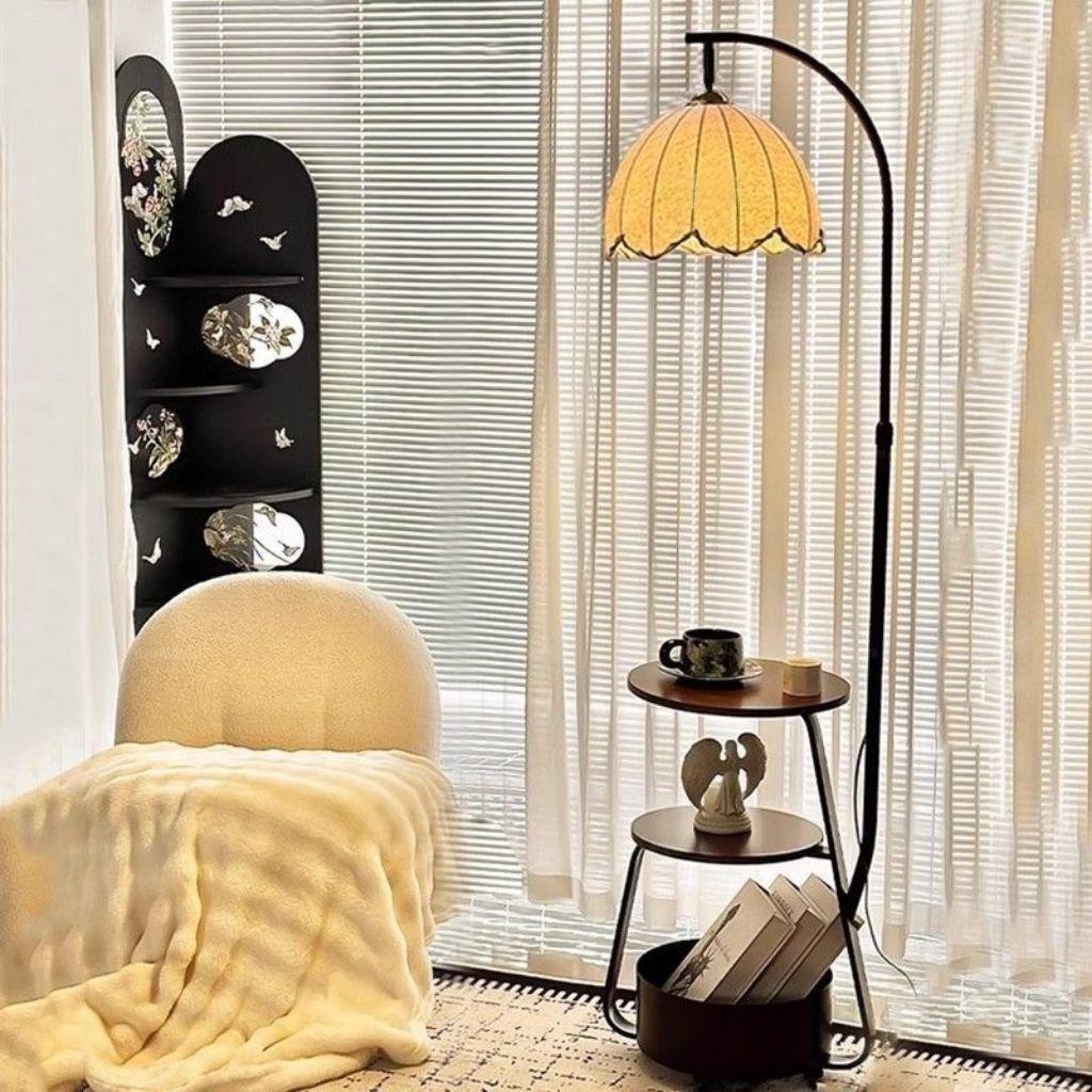 French Retro Mid-Century Bedside Floor Lamp with Storage - Ideal for Living Room or Sofa Side Decor.