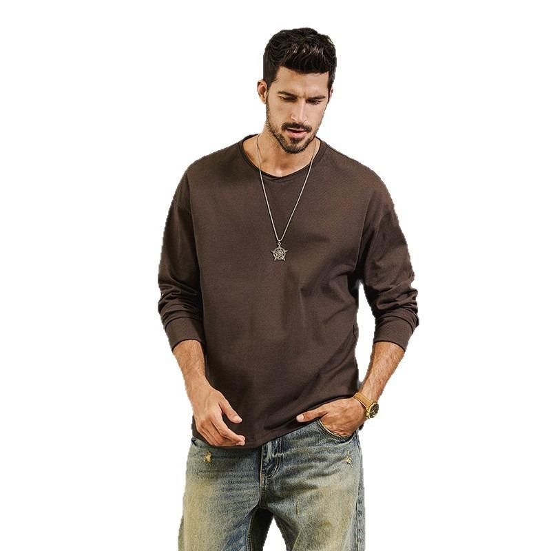 Men 100 Cotton Loose Long Sleeve Round Neck Casual Solid Vintage T Shirt