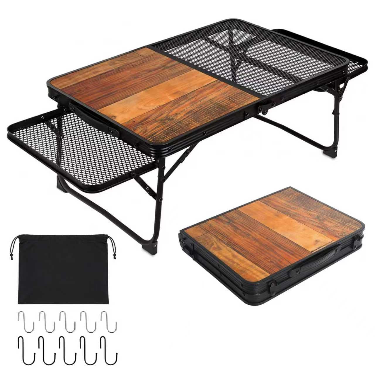 UPF Camping Table with Mesh Side Outdoor Wood Folding Compact Low Heat Campfire Mini Aluminum Field Hopper Camping with Storage Stylish Grain Table, чёрный