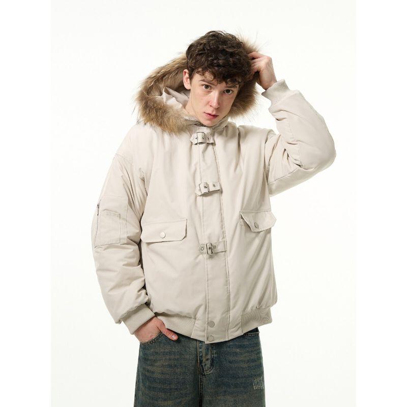 Madwitch Winter Warm Fur Collar Parka Cotton Jacket Trendy Brand Design Niche Retro American Style Cotton Coat for Men