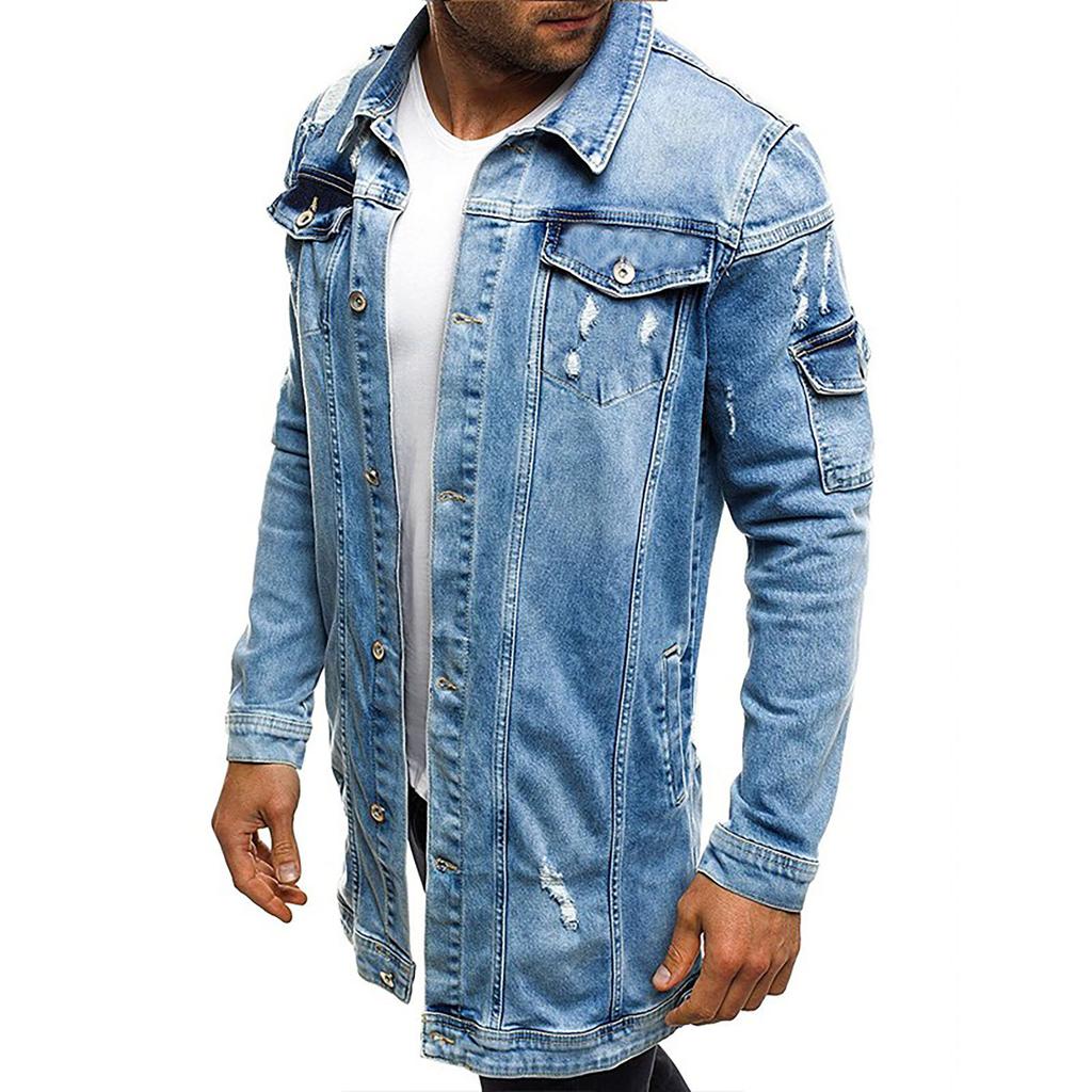 Men's  Winter Casual Vintage Wash Distressed Denim Jacket Coat Top Blouse