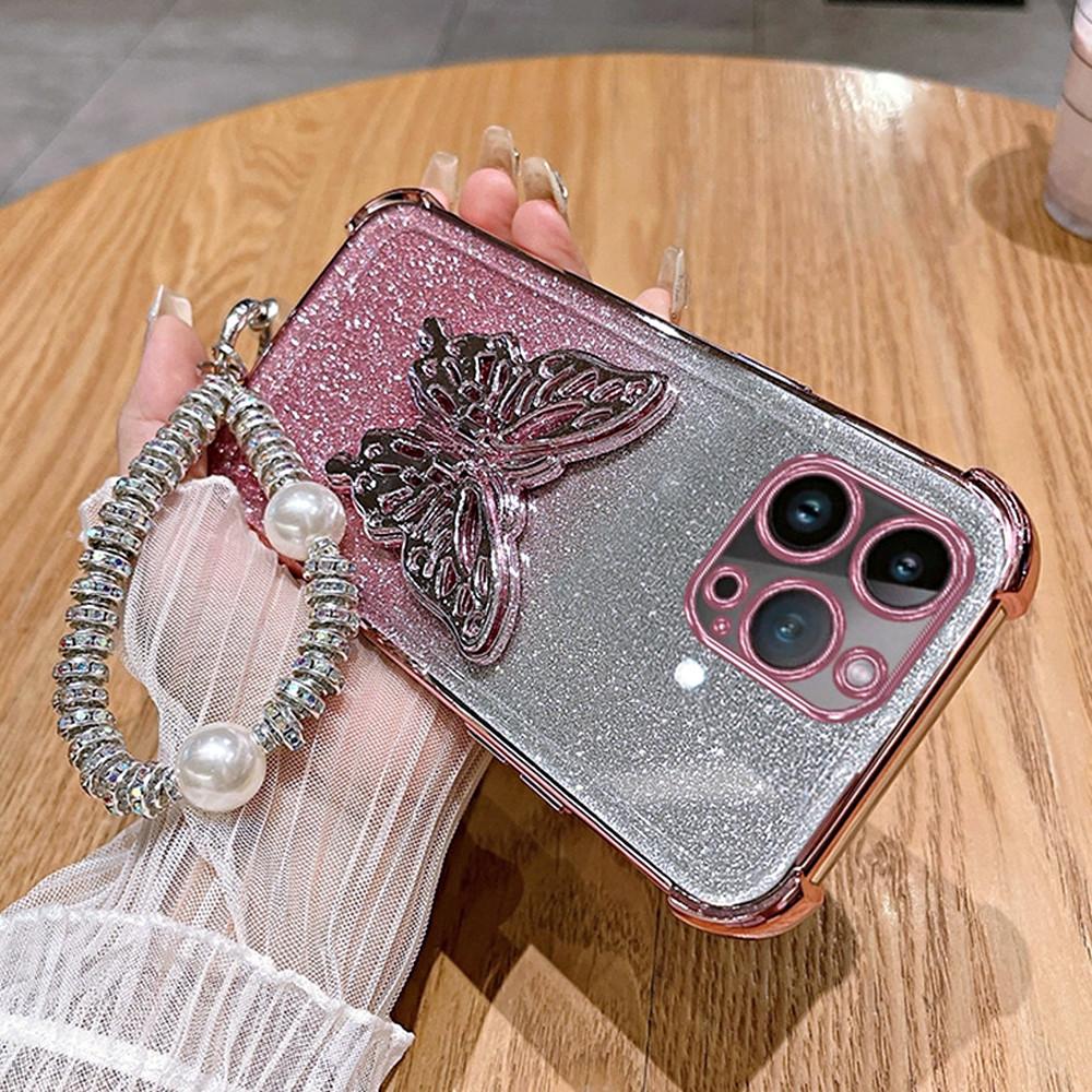 Butterfly Bracket Plating Glitter Phone Case For Samsung A13 A23 A33 A53 A73 A12 A22 A32 A52 A51 Shockproof Cover With Bracelet