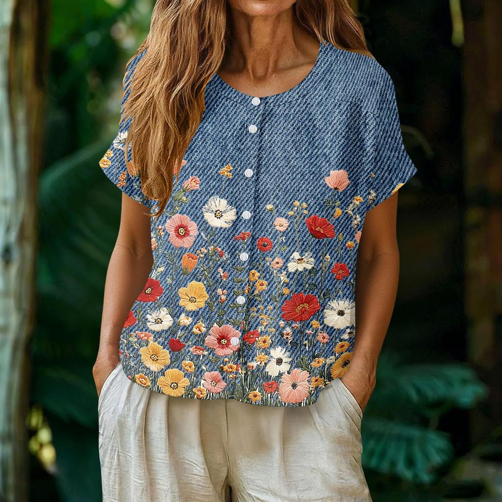 Womens Casual Henley Neck Button Down Floral Print Top Short Sleeve Lightweight Blouse for Summer Spring