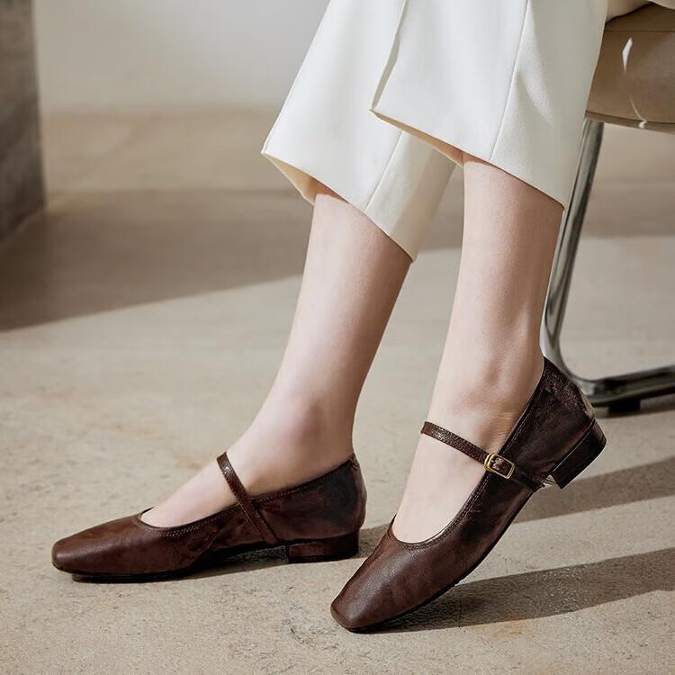 Bata Sheepskin Mary Jane Shallow Women's Vintage Elegant Versatile Flats