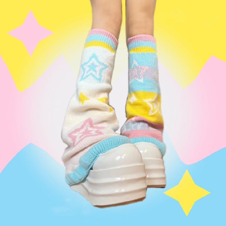 Damen Gestrickte Lange Beinwärmer Socken Japanisches Harajuku Sternenmuster Regenbogen Gestreift Wendbar Ausgestellte Baggy Beinabdeckungen
