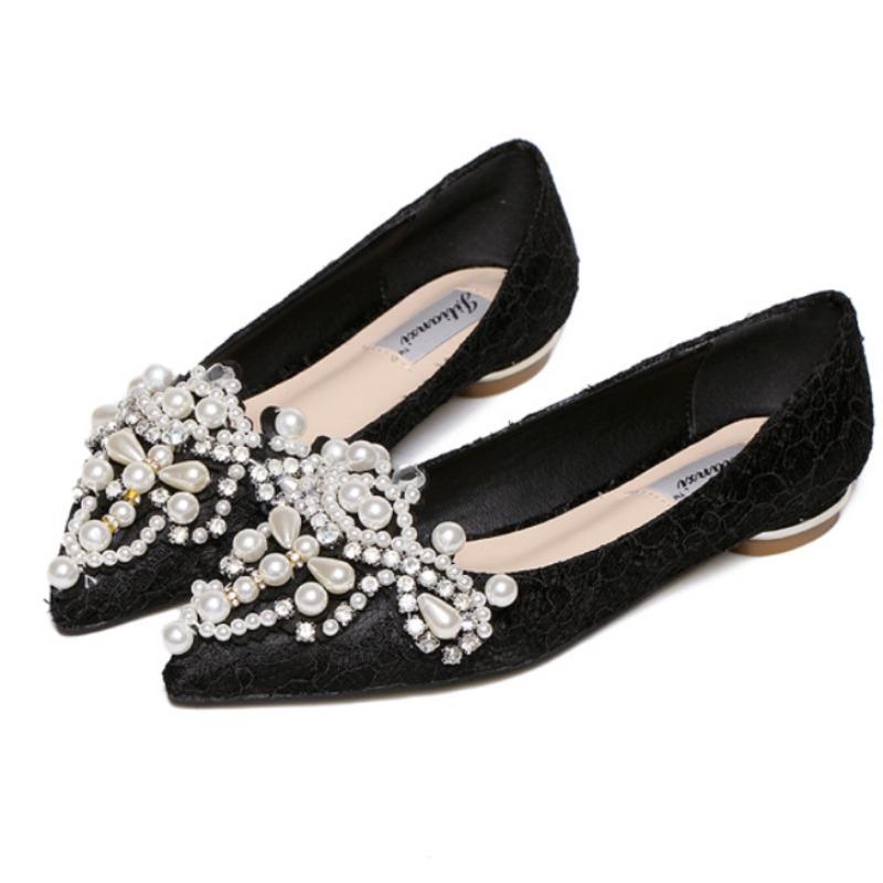 Fashion New Crown Pearl soft Flats Wedding Shoes Pointed Toe Women Dress Moccasins Low Pearl Heel Ladies Fashion Luxury plus size 43