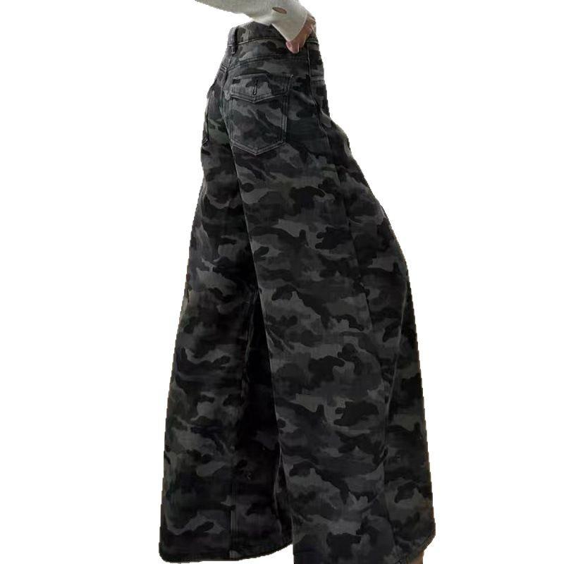 Women's Spring Vintage High-Waisted Loose Slimming Floor-Length Pants American High-Street Cargo Wide-Leg Camouflage Jeans