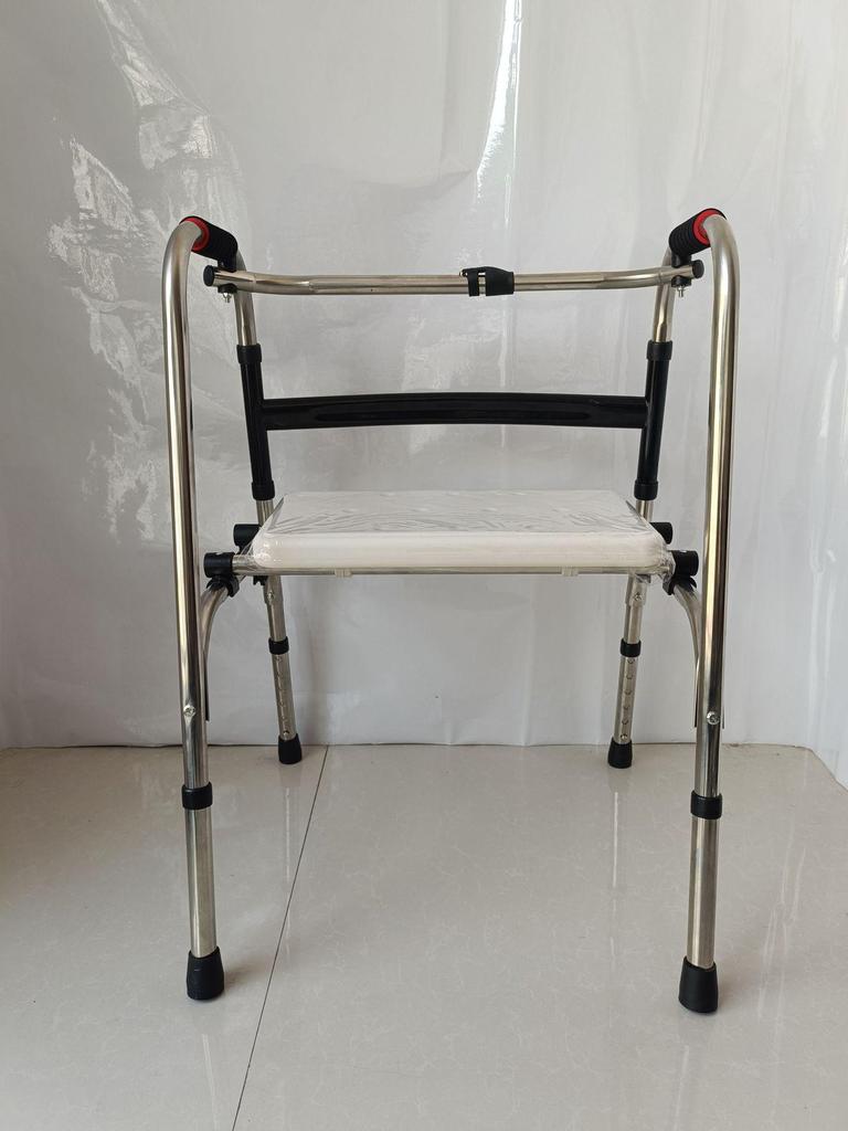 Foldable Stainless Steel Walker with Seat for Elderly - Outdoor, Pushable, Four-Wheel Cane