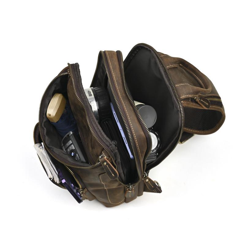 European and American Men's Chest Bag Retro Crazy Horse Leather Single Shoulder Backpack Breathable Large Capacity Crossbody Bag