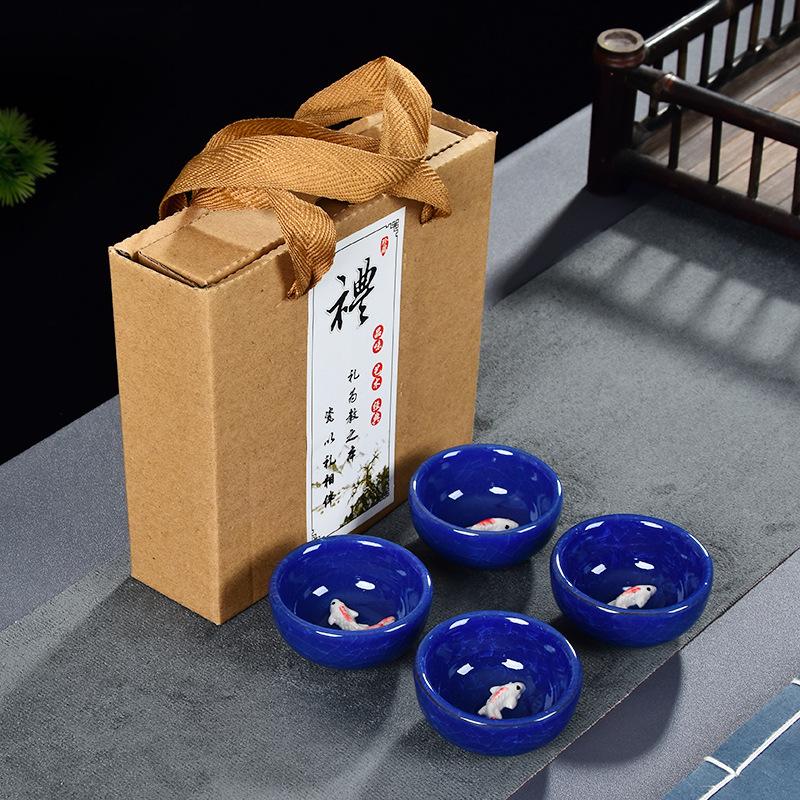 Ice Crackle Teacup Set(4 Cups)Traditional Home Kung Fu Tea Tasting Cups Ceramic Small Fish Water Bowl Festival Gifts for Friend