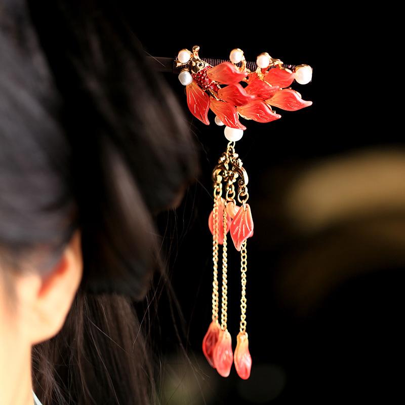 1 Stück Glas Fisch Haarnadel Antiker Kopfschmuck Sandelholz Haarnadel Frische Blütenblatt Haarnadel Neuer Chinesischer Stil Blütenblatt Quaste Haarnadel