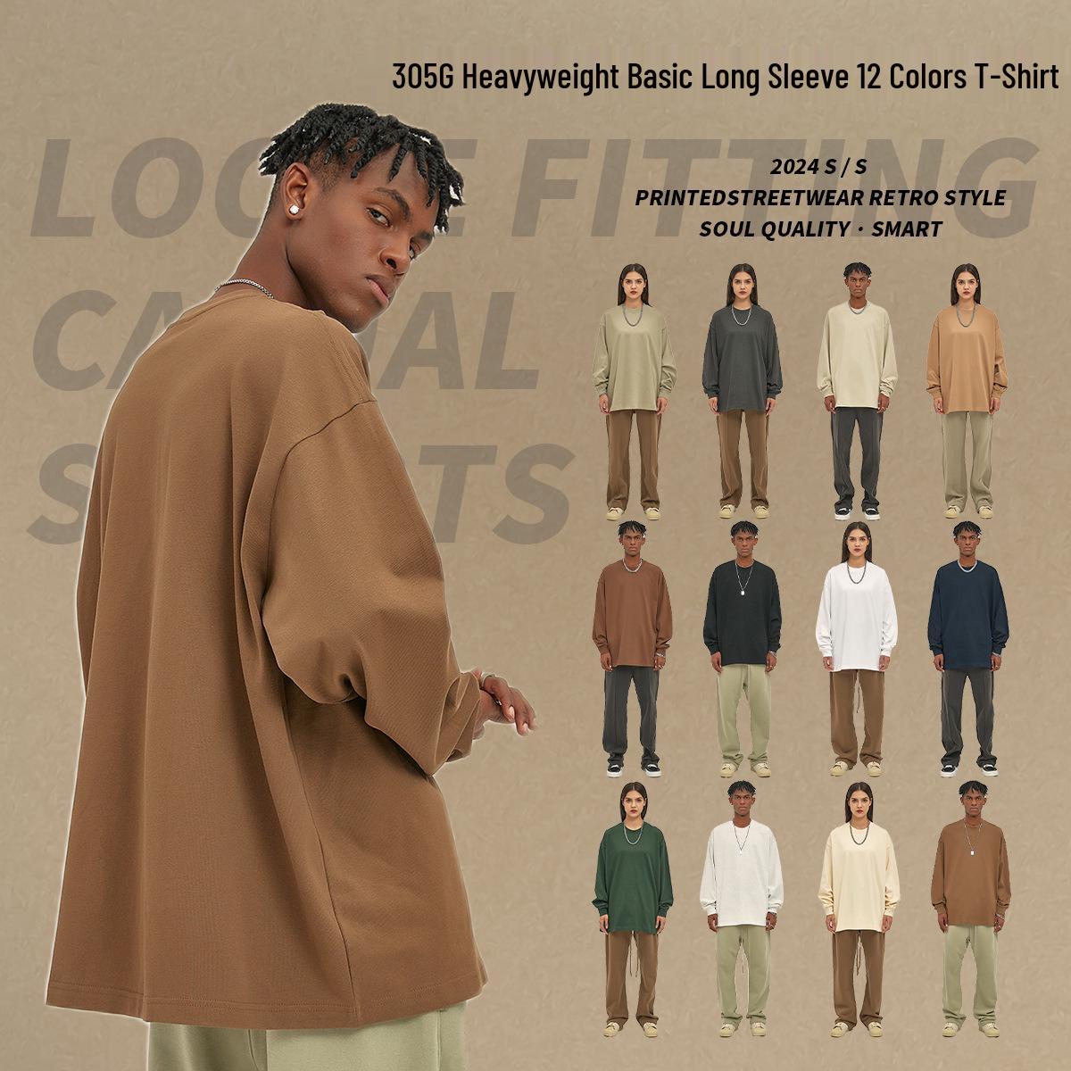 

2024 Мужская Тяжелая 305г Чистый Хлопок Однотонная Повседневная Футболка с Длинным Рукавом Extra Extra Large